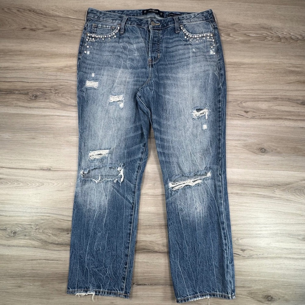Hollister High Rise Vintage Straight Jeans 15R W32 L27 Distressed Rhinestone Y2k